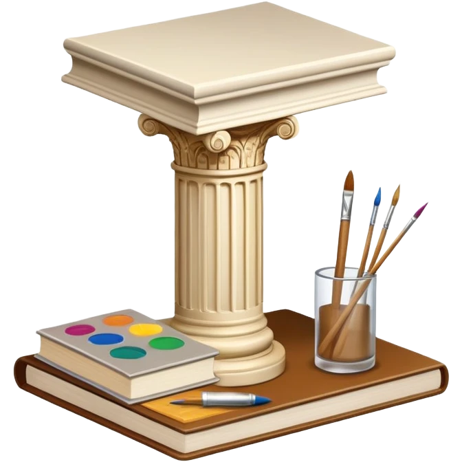 An icon featuring a paint palette, a sculpture, and a book, symbolizing the study of culture and art. The design includes a classical column and a canvas, representing art history and cultural exploration. Transparent background highlights the connection between creativity and history. emoji