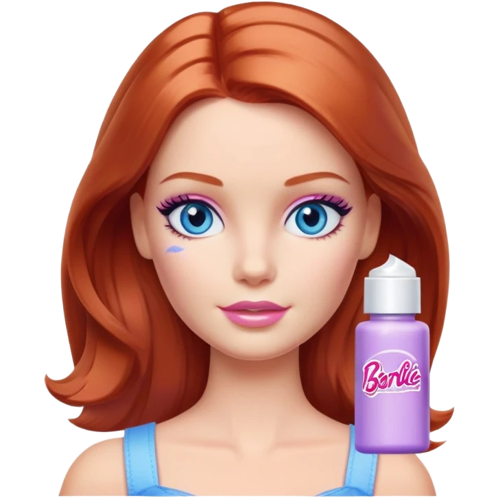 Barbie girl Chestnut-red Shoulder-length hair and blue eyes is In pale purple smears by hand cosmetic cream on her face emoji