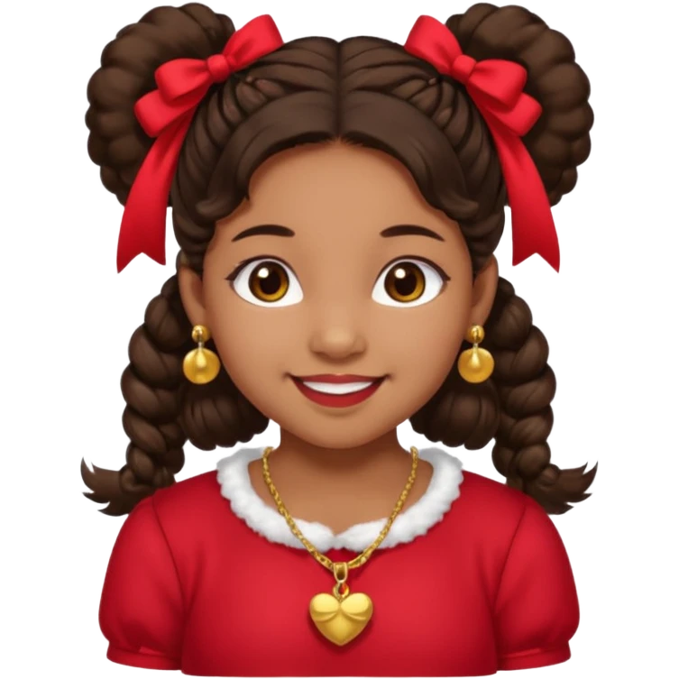 Brownskin girl dark brown hair fluffy. pigtails with red bows brown eyes smiling closed mouth red shirt gold esrrings gold necklace emoji