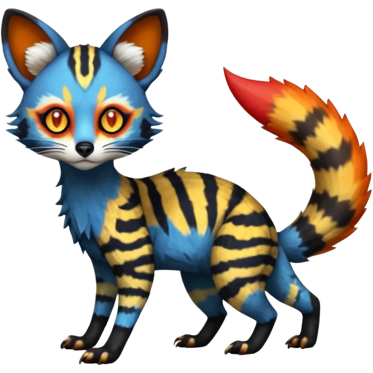 Rare warm-colored lush exotic edgy epic aesthetic gloomy spooky dark modern colorful cyber-Genet-Trico-species-Fakemon-hybrid-creature, with beautiful intricate markings, full body emoji