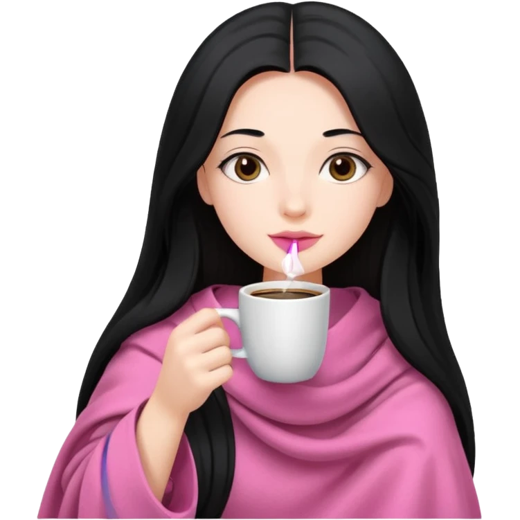 pretty girl with very long black hair, holding a pink blanket, sipping coffee emoji