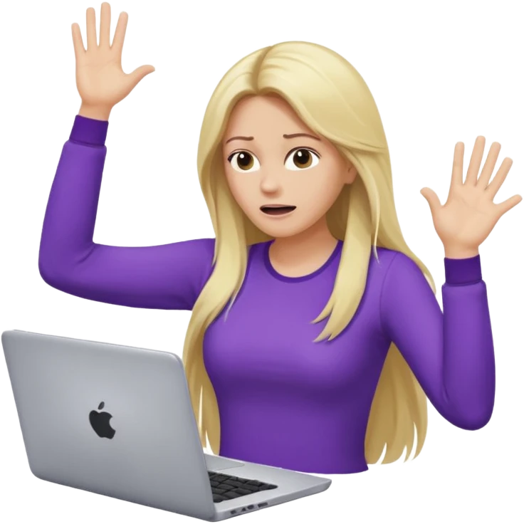 lady with long blonde hair, purple top throwing her with a laptop hands in the air saying why emoji