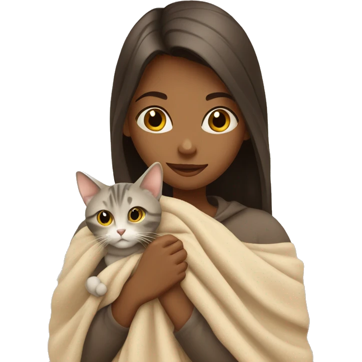 girl petting cat in beige blanket emoji