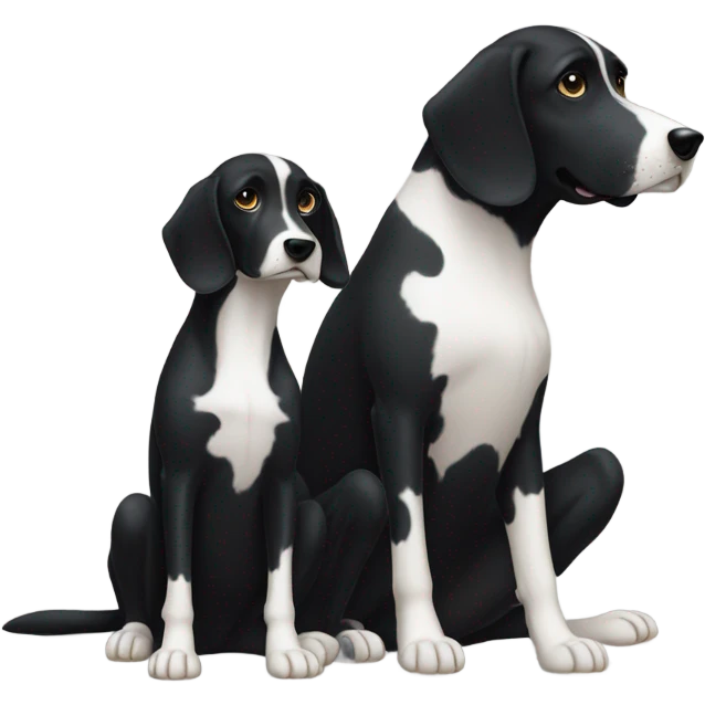 Black dog with white spotty legs  sitting next to another bigger black dog with white legs emoji