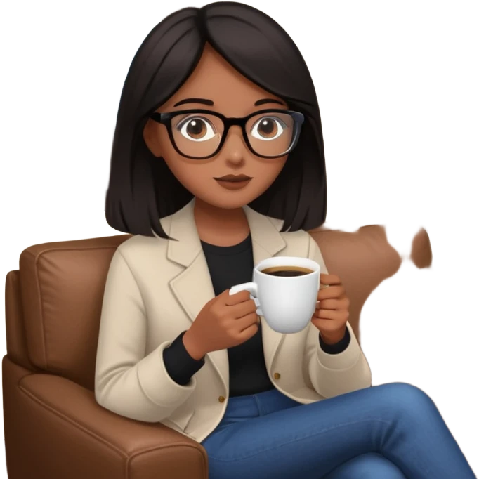 Chica de pelo negro ojos negros y piel morena con lentes oversize square GAFAS DE LEER BIEN GRANDES  , sentada en una sala de casa , en la mano derecha una taza de cafe con una flor negra de diseno. Sentada mirando un drama koreano en la television.  emoji