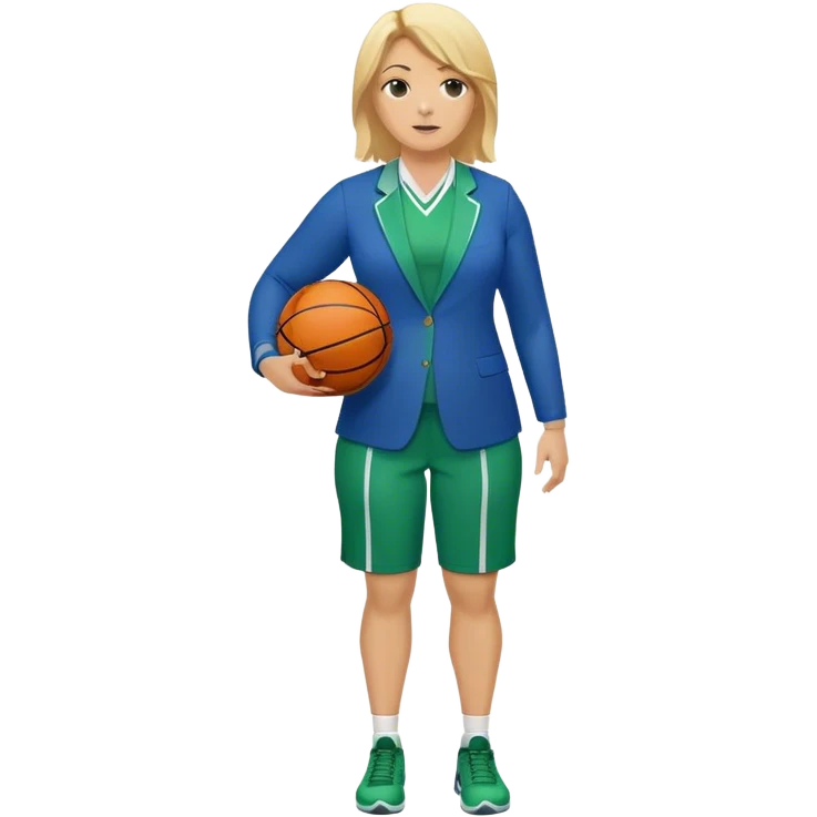 Full Body white plus size female basketball head coach with basket ball and clipboard  blonde hair medium length in a blue and green suit emoji