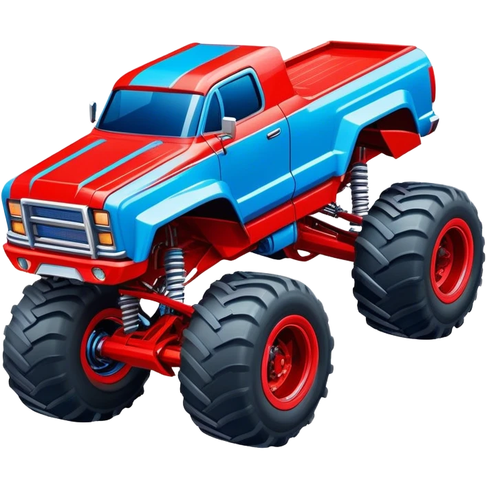Avenger - Monster Jam (Model Year: 2021) (Iconic colour: Blue and red) - A dynamic monster truck with a split-color scheme: predominantly blue accented by bold red elements. Focus on strong, angular lines and vivid contrasting colors that evoke high energy and a futuristic, rebellious style. emoji