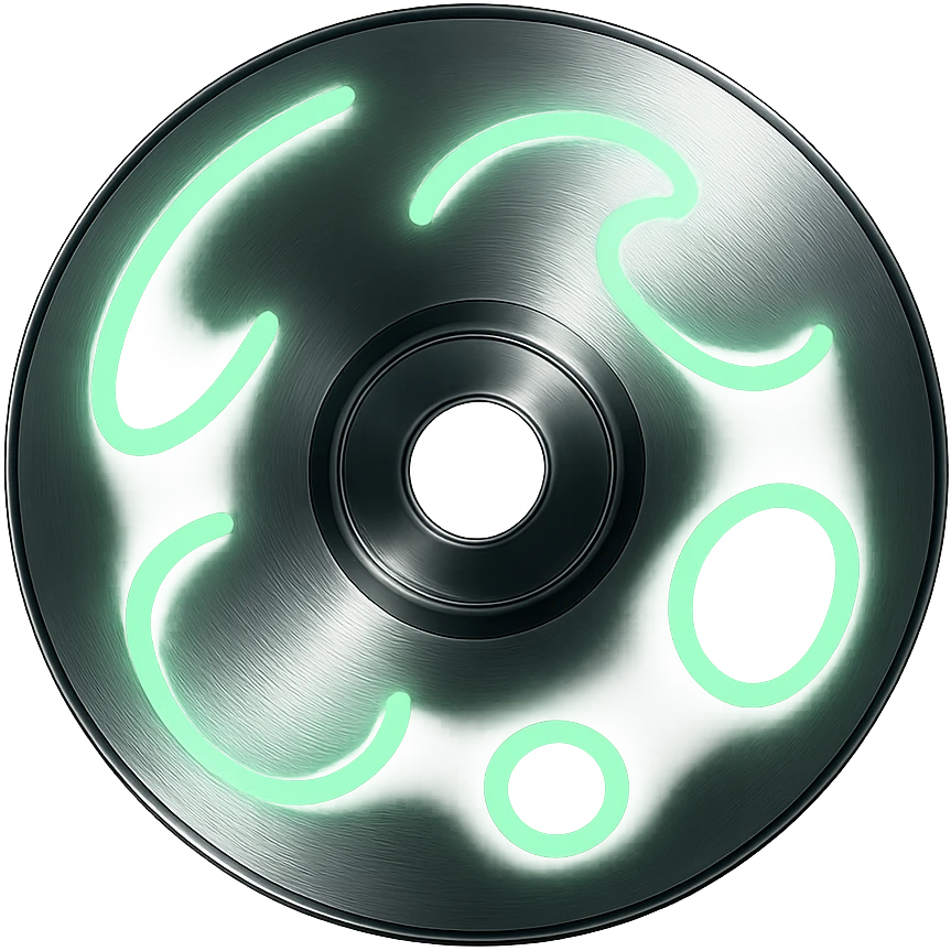 A minimalist CD disc with abstract pattern, glowing effect, green color emoji