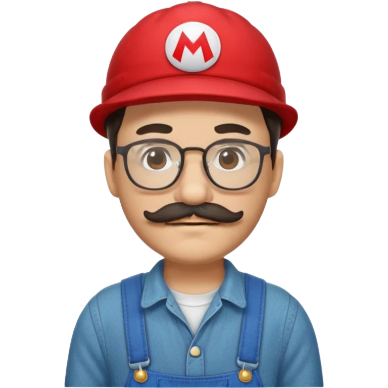 person with glasses, short dark hair, mustache and beard, in red hat and overalls like Mario emoji