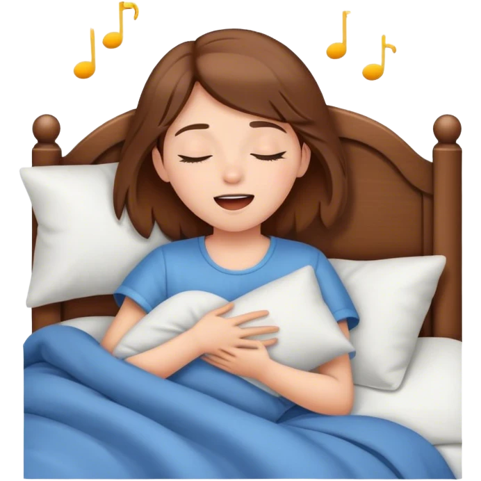 Young girl with brown hair singing while sleeping in bed emoji