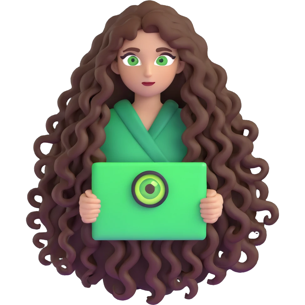 Character with extremely long enormous curly brown hair and striking green eyes emoji