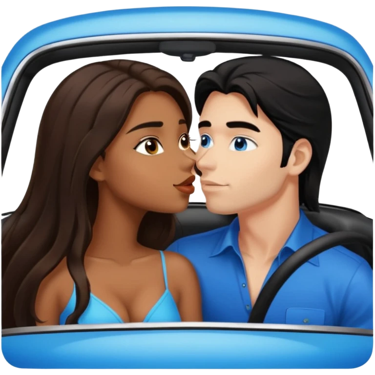 Brown sexy girl with brown eyes long brown hair and sexy white man with black hair blue eyes kissing in car emoji