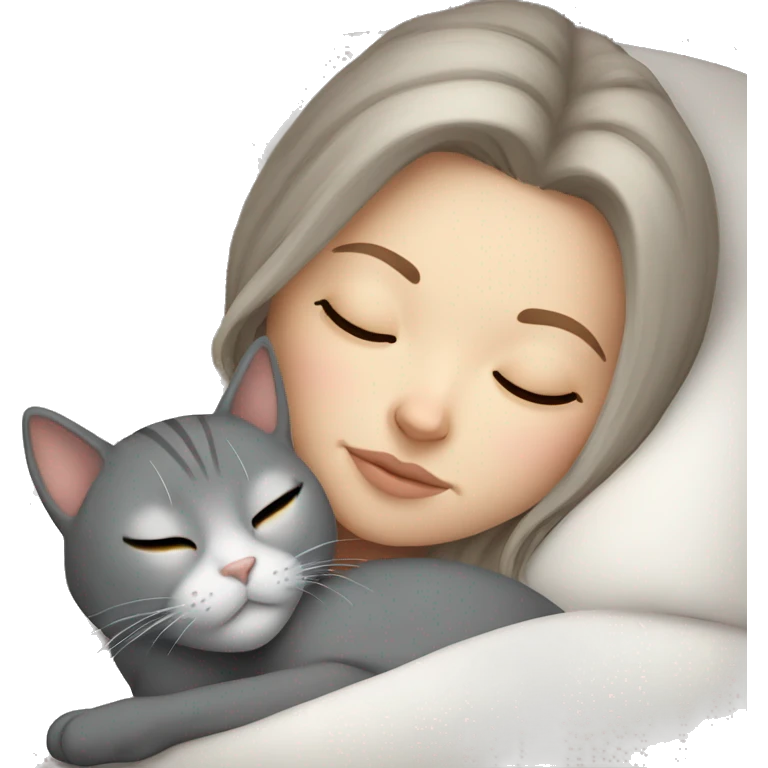 White girl sleeping with gray cat emoji