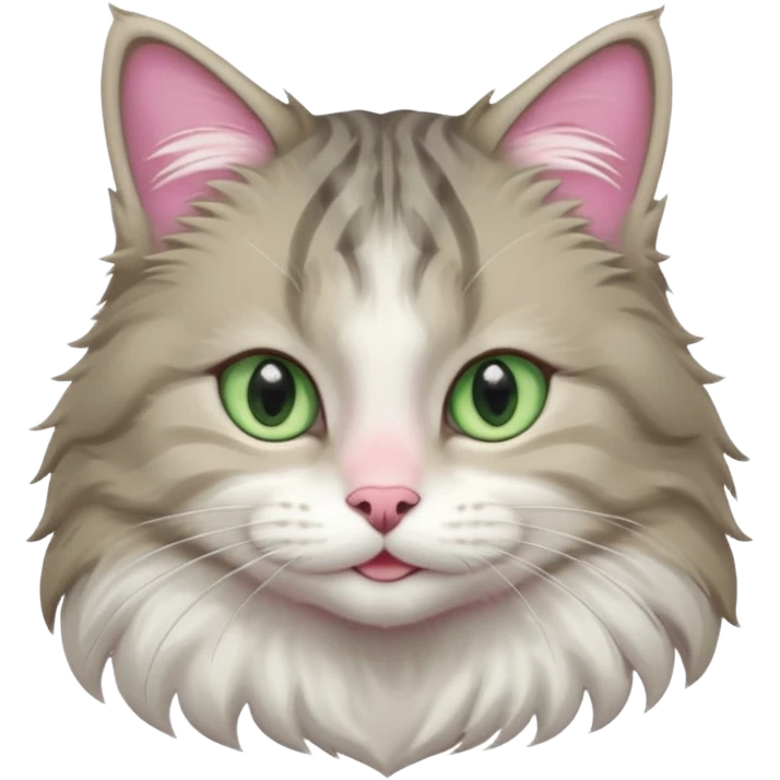 Siberian forest cat grey and white with white around eyes and light green eyes smiling pink nose emoji
