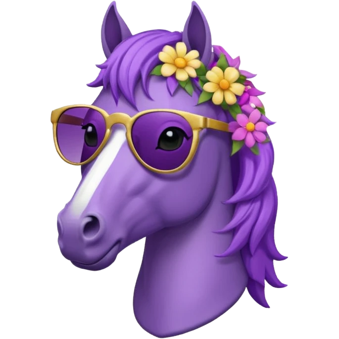 Purple horse wearing sunglasses and flowers on hair, bust up
 emoji
