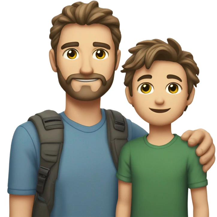 Handsome Father 40s green eyes with short full beard with Son 13s light brown eyes tousled bedhead look both has brunette hair light skin arms on shoulder portrait emoji