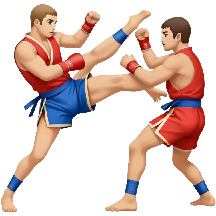 An icon symbolizing Sambo, featuring two fighters in blue and red kimonos with shorts and wrestling shoes. One executes a powerful throw, while the other attempts a defensive grab. The fighters are engaged in a grapple, using joint locks and sweeps.  emoji