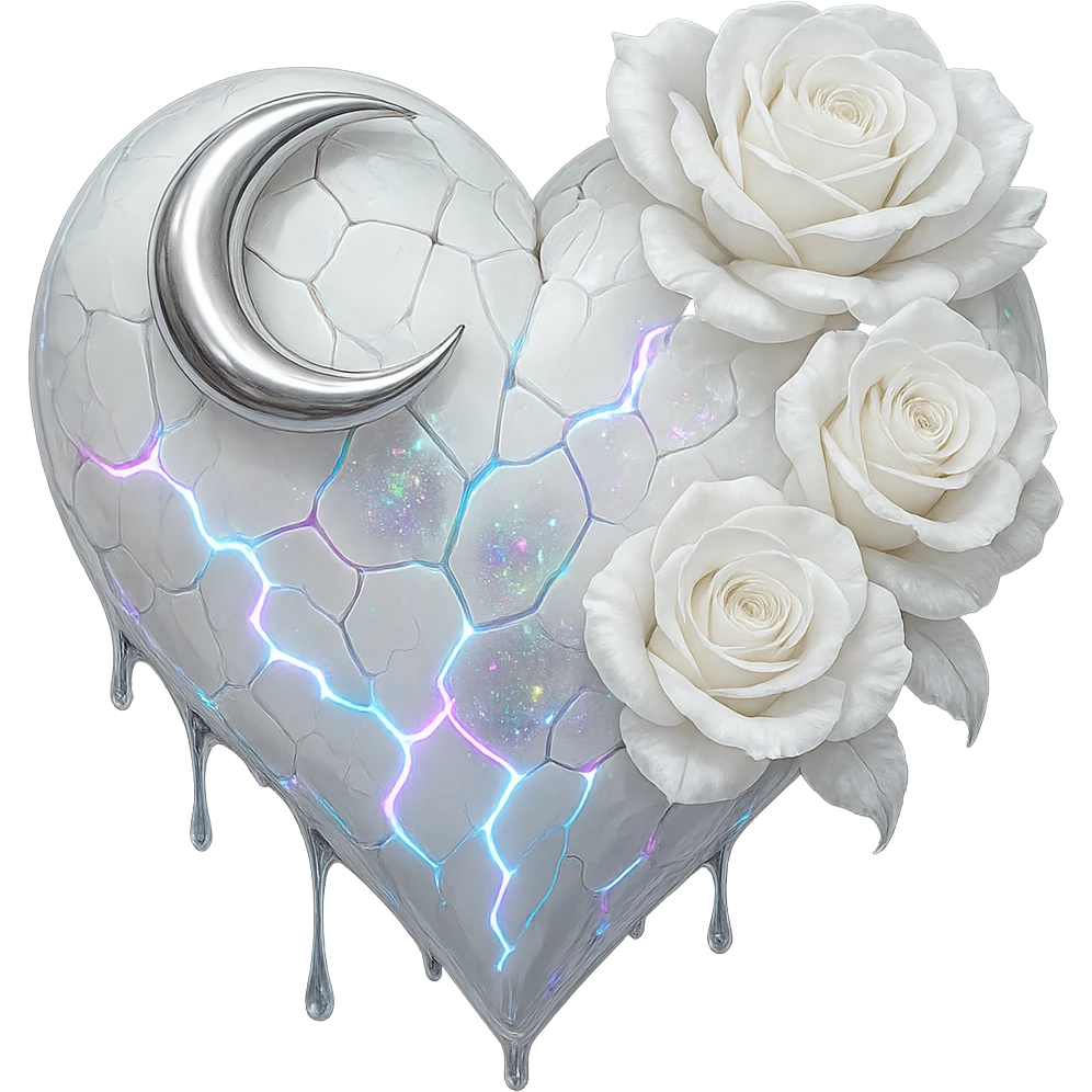 Edit the gothic heart to use fractured deep white glass, silver crescent moon, white roses, iridescent holographic stardust, neon lightning bolts, and a wet, shiny finish. Keep the background transparent. Maintain the gothic heart style and transparent background. emoji