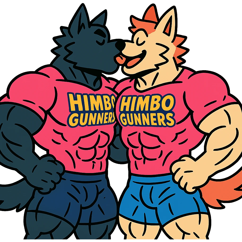 pair of ultra-muscular wolf furries wearing 'Himbo gunners' t-shirts, deep kiss, cheerful and energetic, very large, defined, and detailed muscles, ultra high quality emoji