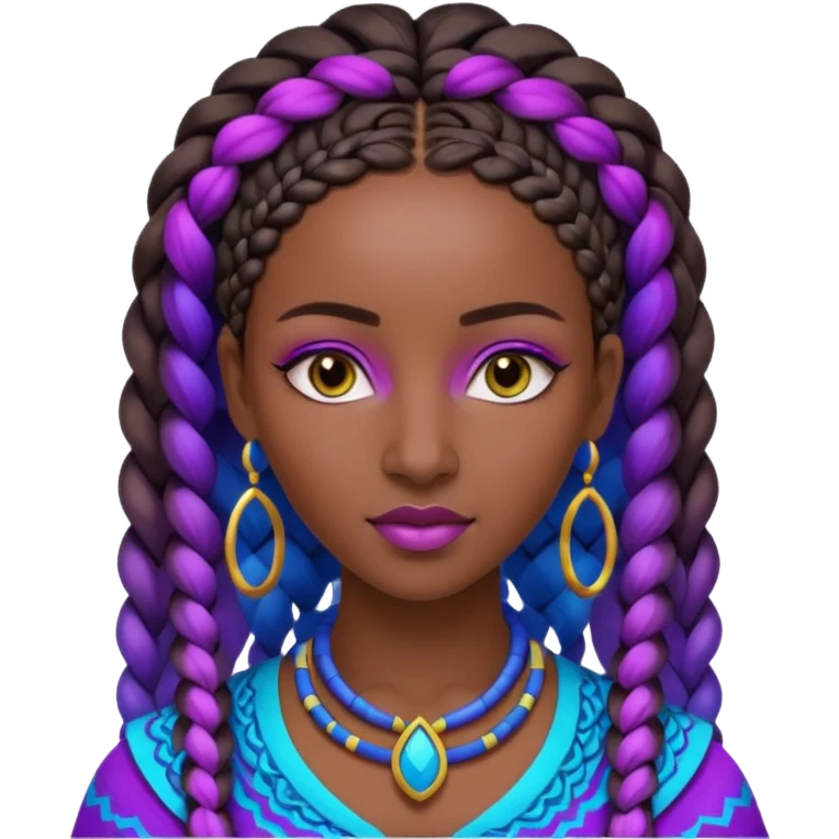 Create me an emoji of a beautiful Ethiopian Queen of Sheba with amazing braids wearing a neon purple and blue gradient African patterns. emoji