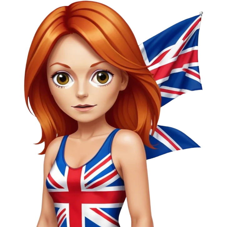 Geri Halliwell with red hair and blonde highlights wearing a short bodycon uk flag dress emoji