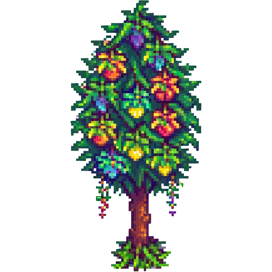 Terraria tree with rainbow fruit hanging from the branches, pixel art, fun and colorful, no text emoji