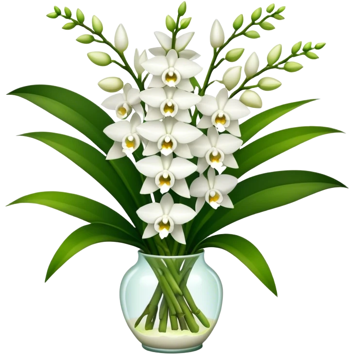 big bouquet white Dendrobium Orchid, stem, leaf emoji