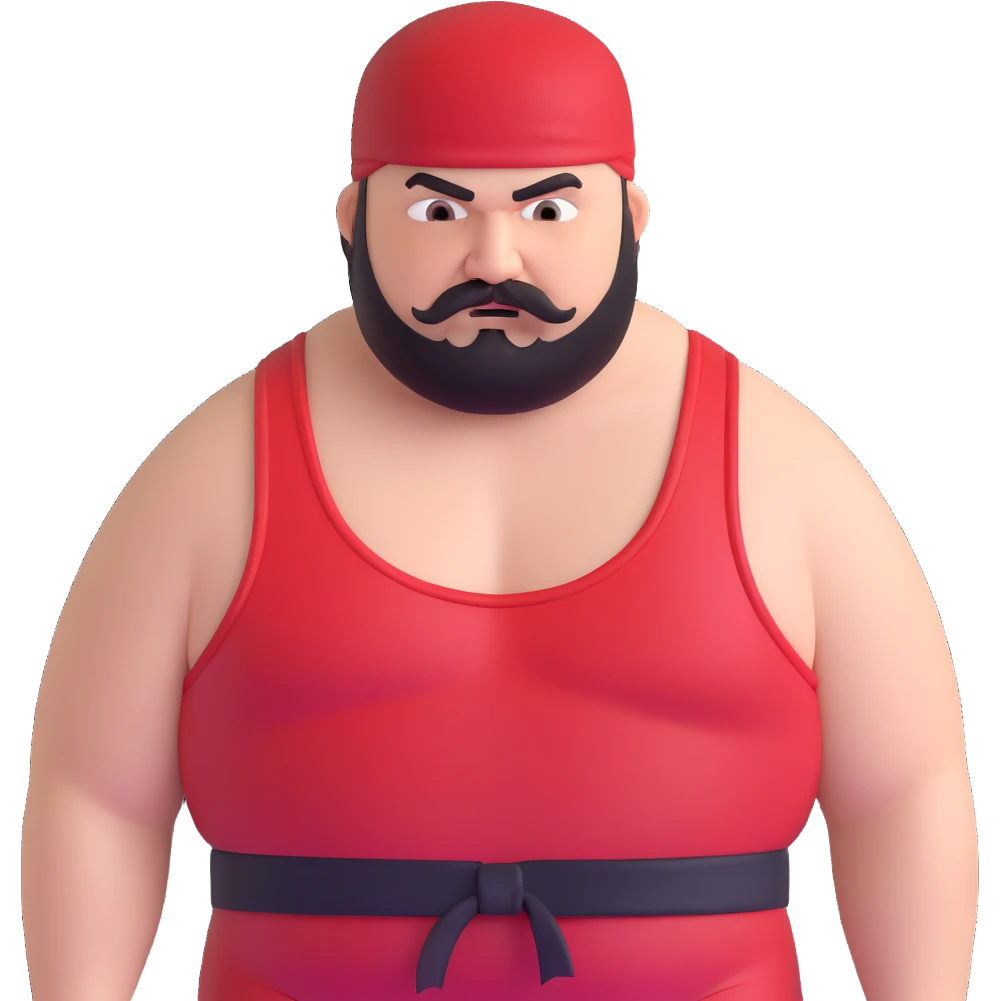 Close-up of extremely fat white skin guy with young face, beard and mustache, no muscle with prominent black durag, black eyes in a red and black wrestling singlet with angry face emoji