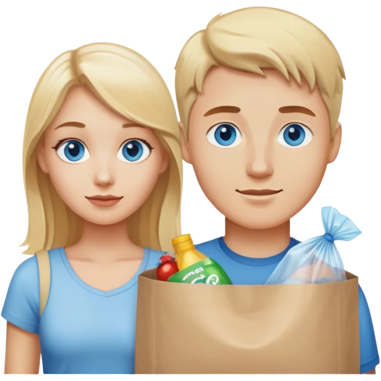 Blonde guy with blue eyes and blonde girl with brown eyes holding a plastic bag emoji