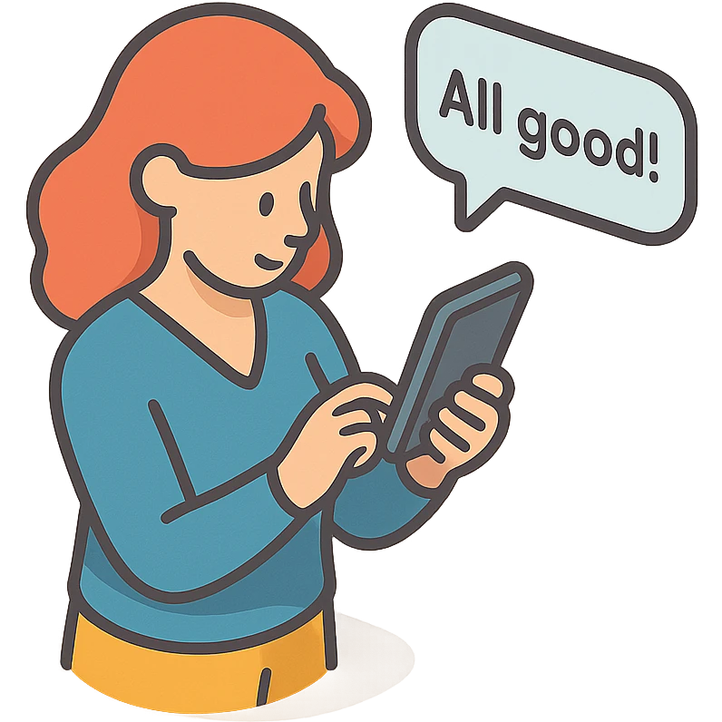 женщина печатает сообщение на телефоне - All good! emoji