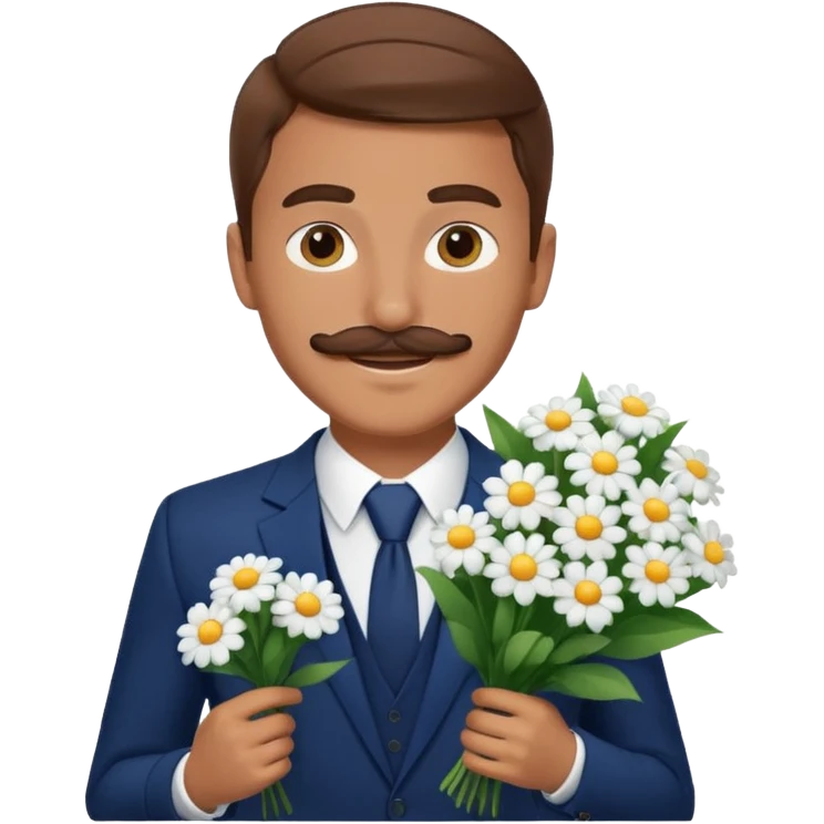 homme âgé 23 ans brun bronzé en costume bleu foncé souriant avec moustache portant un bouquet fleurs blanche  emoji