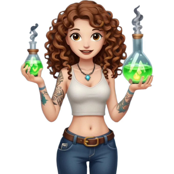 full body view of a woman with long curly brown hair, brown eyes, white skin, tattoos, holding a glowing potion flask at hip level, playful dangerous smile emoji