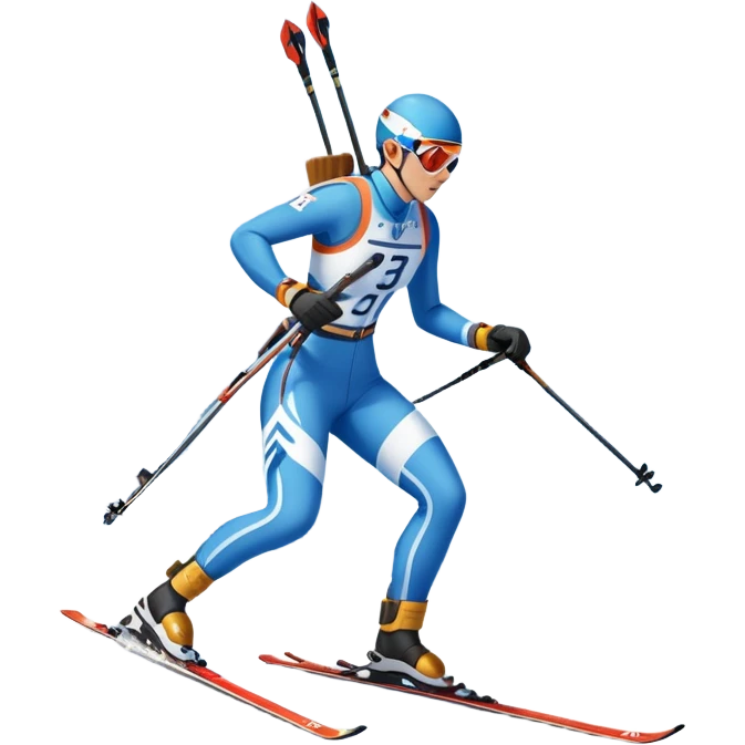 An icon featuring a biathlete in motion, holding a rifle and skiing across a snowy course. The backdrop includes snow-covered trees, distant mountains, and a clear blue sky. Transparent background highlights the precision, endurance, and excitement of biathlon. emoji
