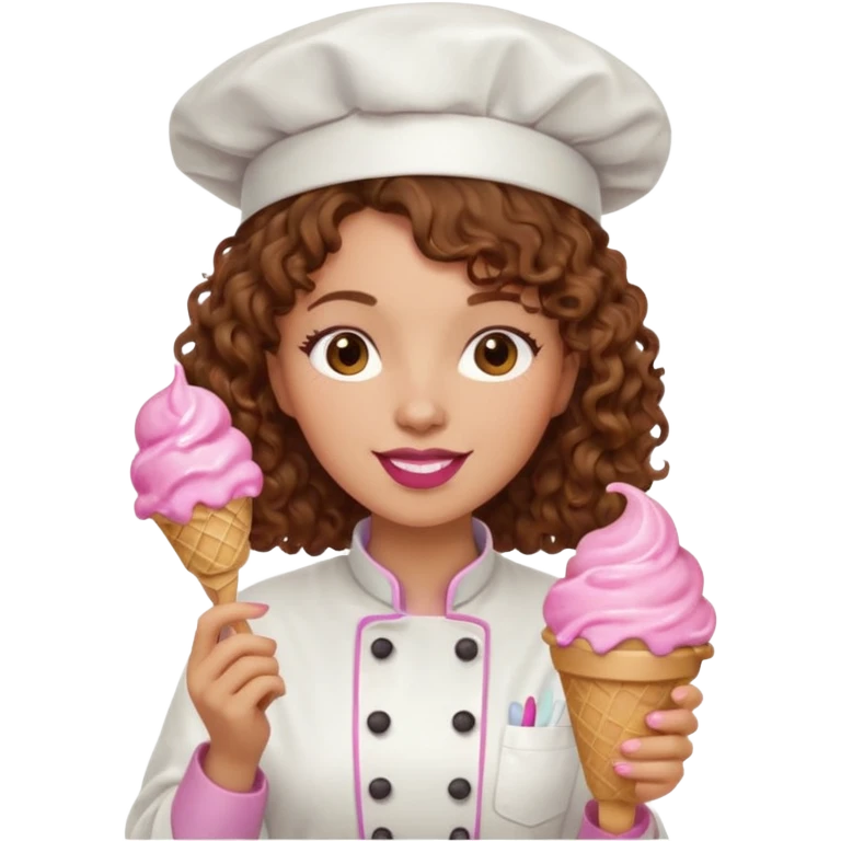 woman brown curly hair, chef, eating pink ice cream emoji