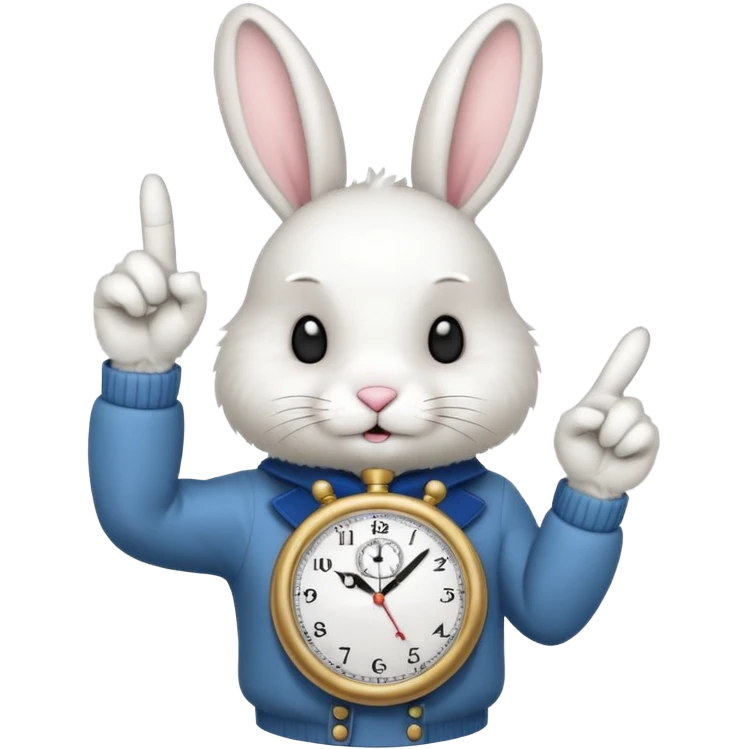 white bunny with a clock on his hand signaling the clock with his finger emoji