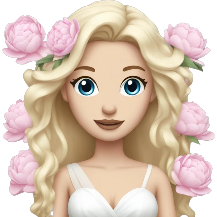 White bride with long light blonde hair and blue eyes with light pink peonies in hair white skin  emoji
