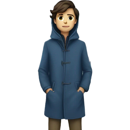 a full body brunette boy with his hands in the pockets of a long blue coat and a house behind him far away emoji