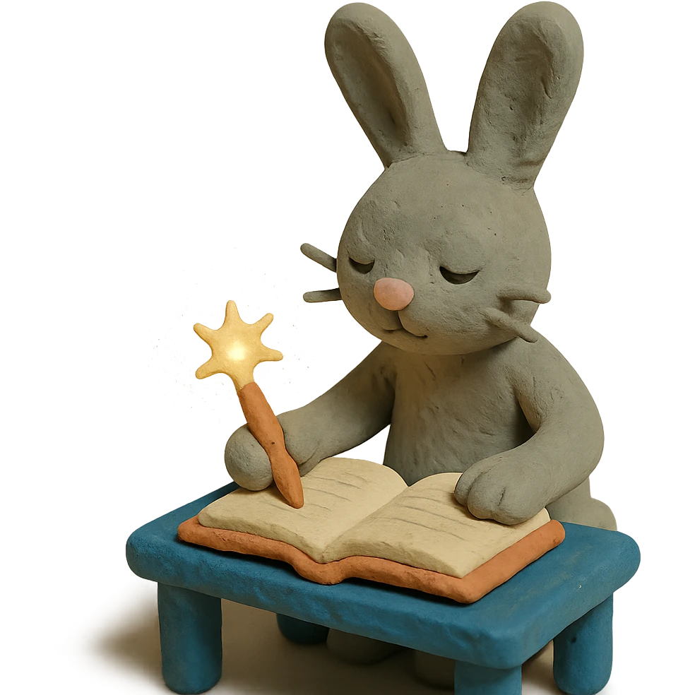 gray bunny writing in notebook with spark of light, claymation style emoji