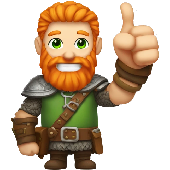 Green eyed, Orange haired white skinned viking with orange beard holding up a thumbs up emoji