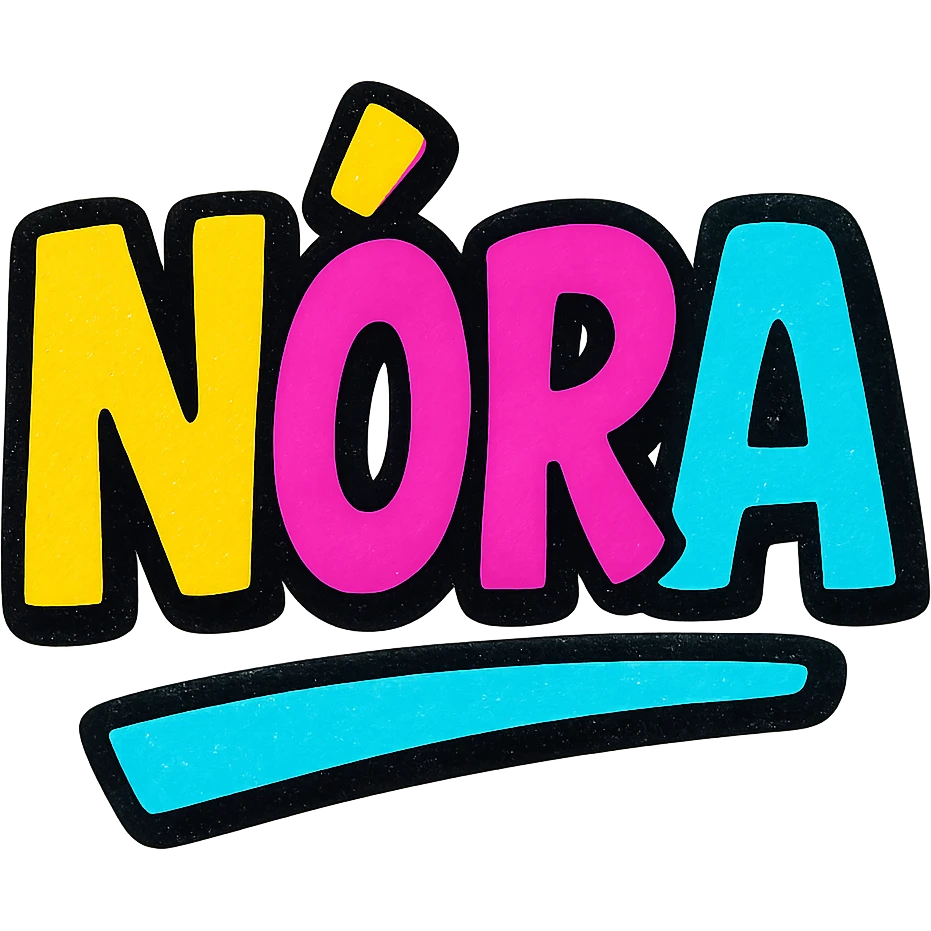 Nóra name in modern colorful gradient font with dark outline, dynamic slanted or partial underline, transparent background, in the style of reference patterns emoji