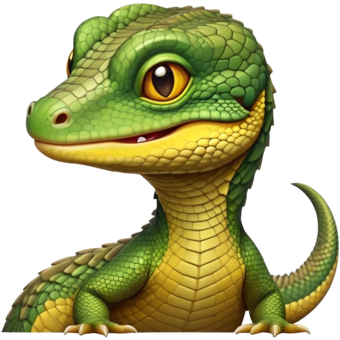 cinematic-realistic-cute-monitor-lizard-portrait-emoji,-head-tilted-playfully-and-inquisitively,-featuring-a-compact,-agile-body-with-finely-detailed,-glossy-scales-in-earthy-olive-hues-and-a-distinct,-alert-face-with-bright,-curious-eyes, yellow and green multi coloured  scales emoji