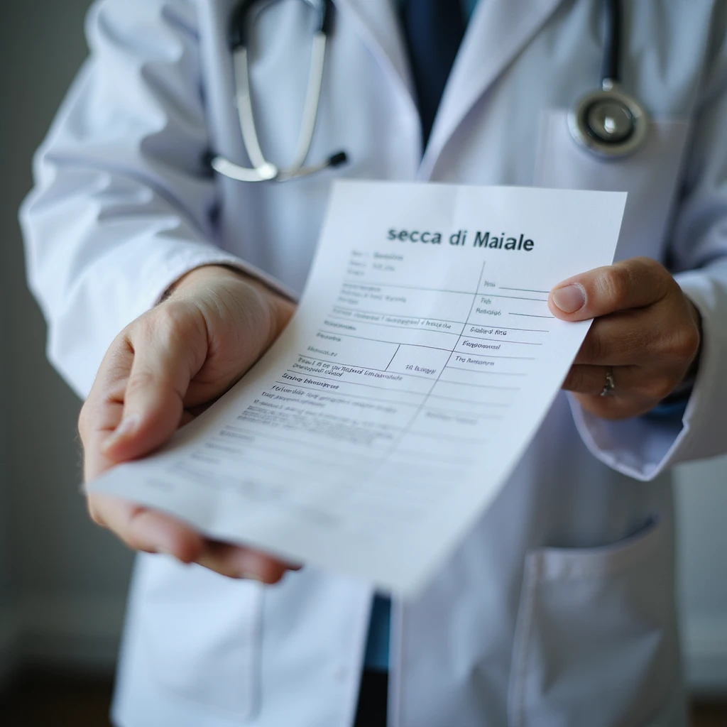 hyperrealistic 4K close-up of a doctor handing a prescription to a patient, hands in focus, with the text 'Tiroide secca di maiale' visible on the paper, clinical office environment emoji