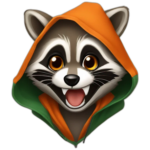 brown raccoon with orange eyes and a dark green hood that is laughing emoji