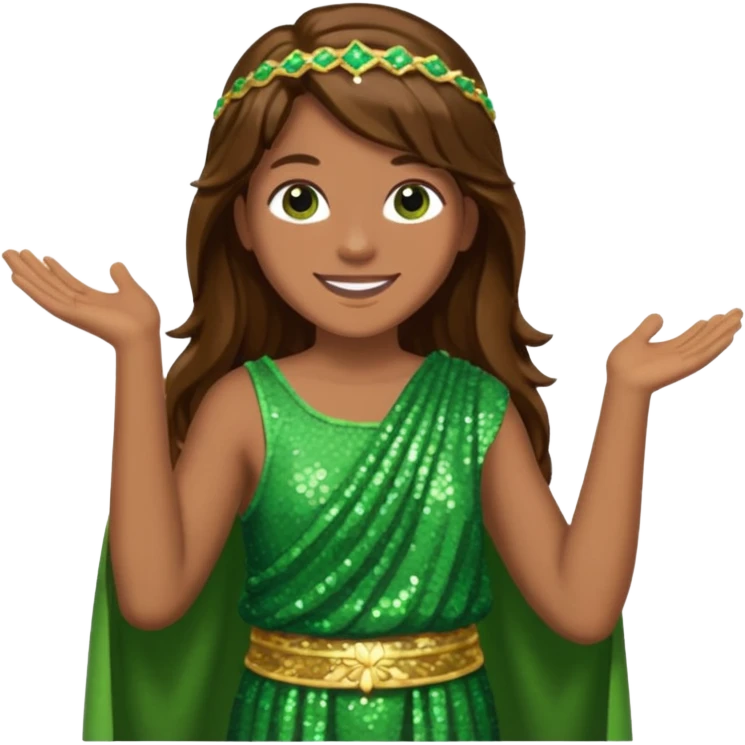 Terra from Roman Deities with long brown hair, green sequin toga emoji