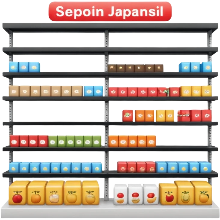 "Minimalist Japanese retail shelf display, products aligned identically in horizontal rows, each item repeated directly behind the other (multiple units in depth), vertically varied by type, clean spacing, precise symmetry, soft neutral lighting, front-facing packages, ultra-detailed." emoji