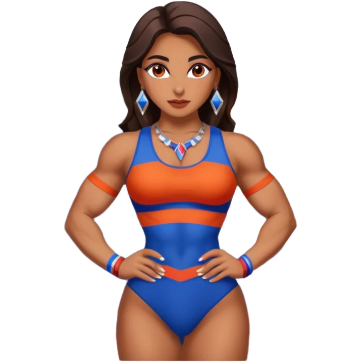 sexy and muscled, full body, brown skin Armenian caucasian girl, sexy Armenian girl, beautiful eyes, makeup, earrings, muscled, surrounded by mountains, red, blue and orange stripes, mountains around emoji