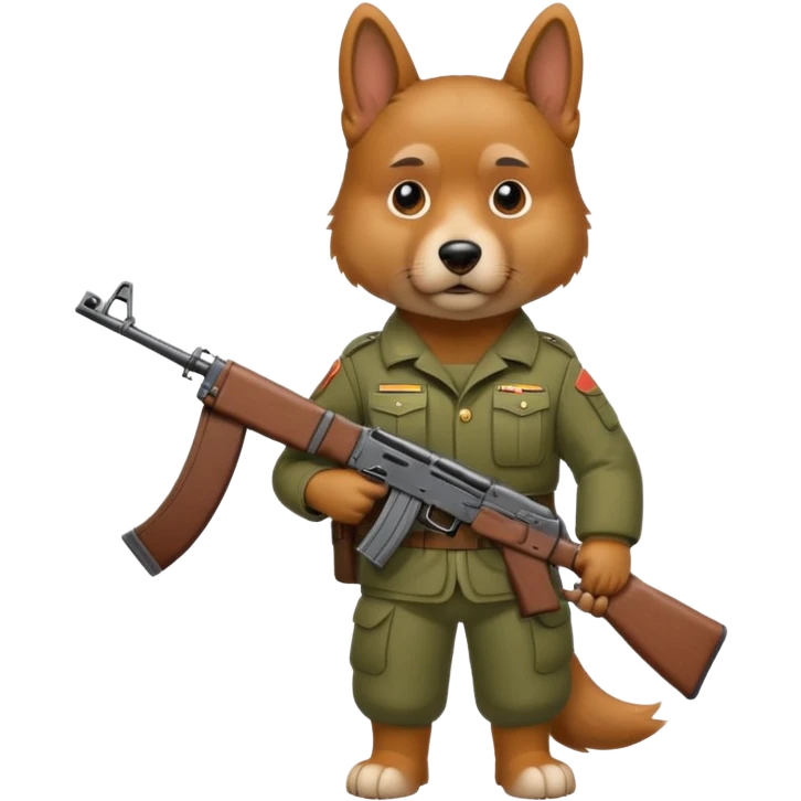 Serious dog wearing a army suit with a ak47 emoji