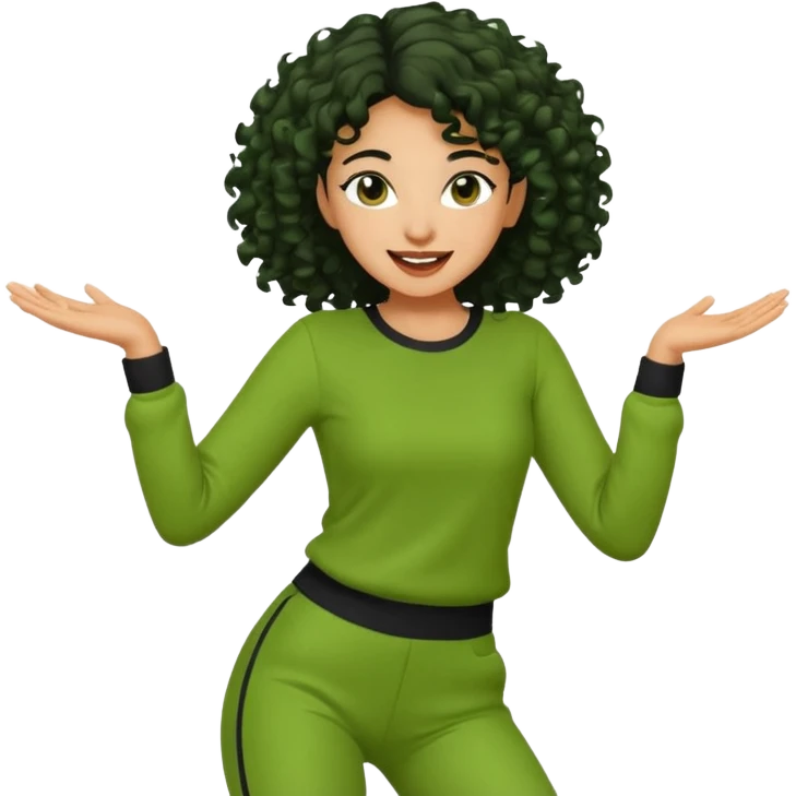 a woman with olive skin tone and curly black hair wearing green and dancing emoji