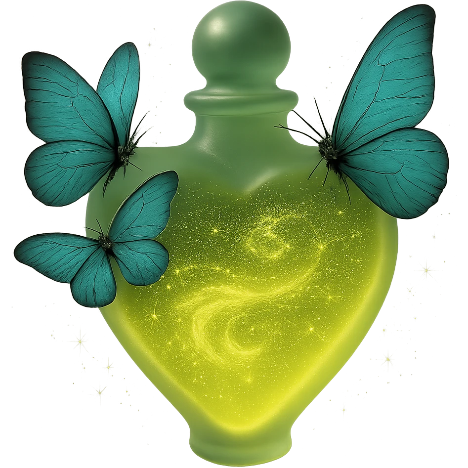 Enhance the inside of the heart-shaped bottle to appear filled with a luxurious, swirling liquid in color #c0ff53 with a realistic, flowing glitter effect. The liquid should sparkle and swirl inside the bottle in a very 3D and magical way. Keep the two butterflies and magical sparkling dust as is. Maintain transparent background (PNG). emoji