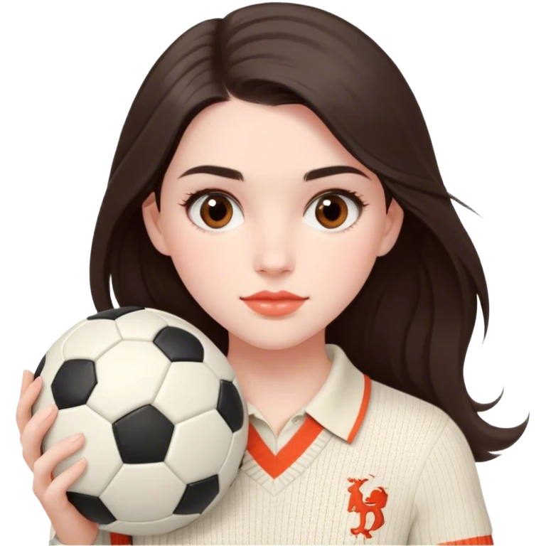 pale girl with soft and long dark brown hair and dark brown eyes, coral-colored lip, Holding a soccer ball, Wearing ivory polo ralph lauren knitwear emoji